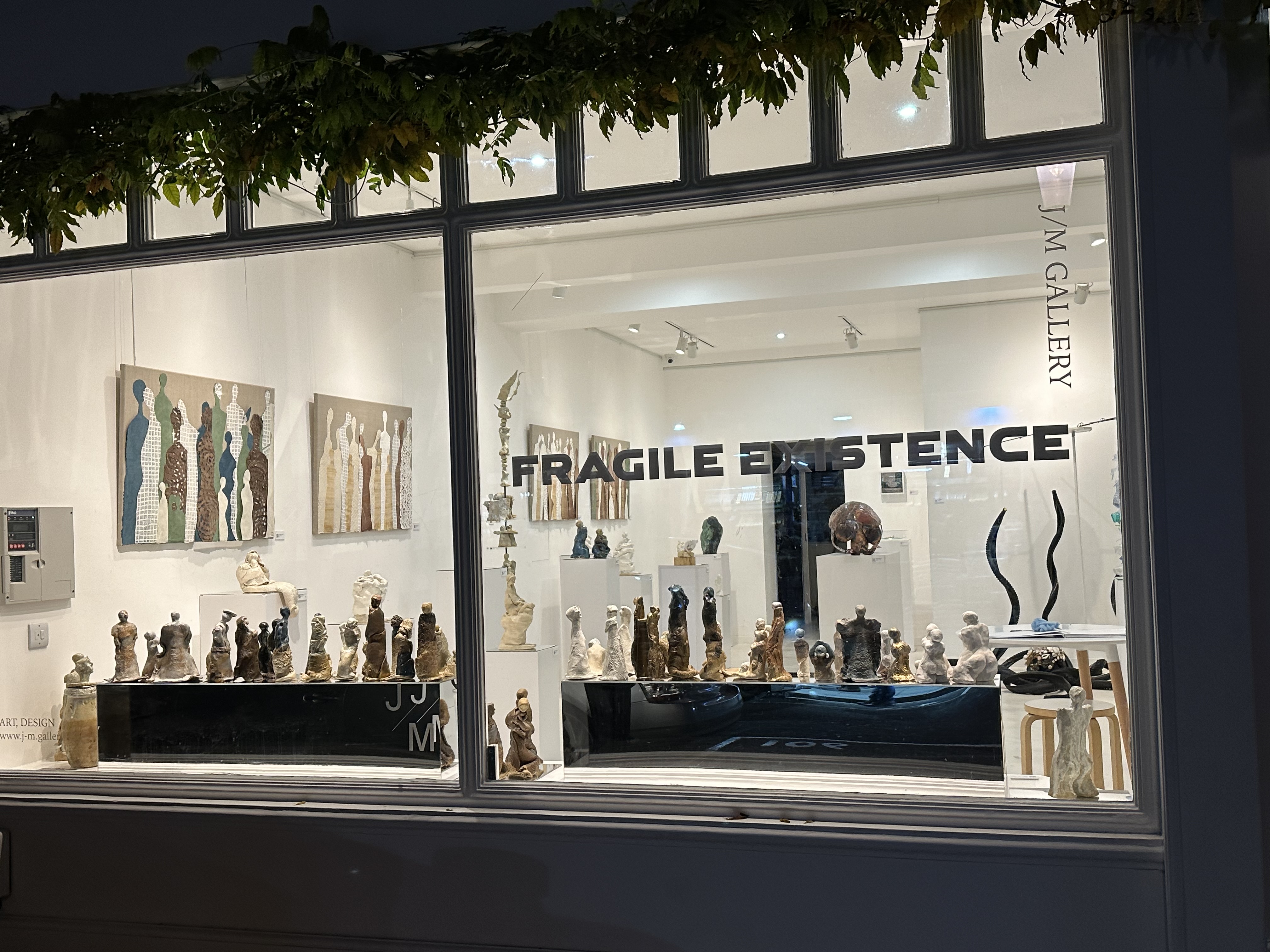 Installation and storefront view of Fragile Existence at J/M Gallery, London